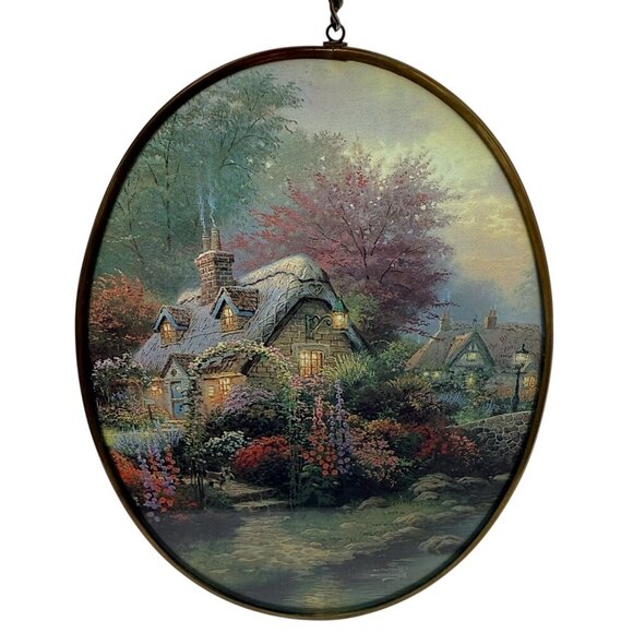 Thomas Kinkade Stained Glass Country Cottage Scene Oval 6.5" Long Suncatcher - Picture 4 of 8